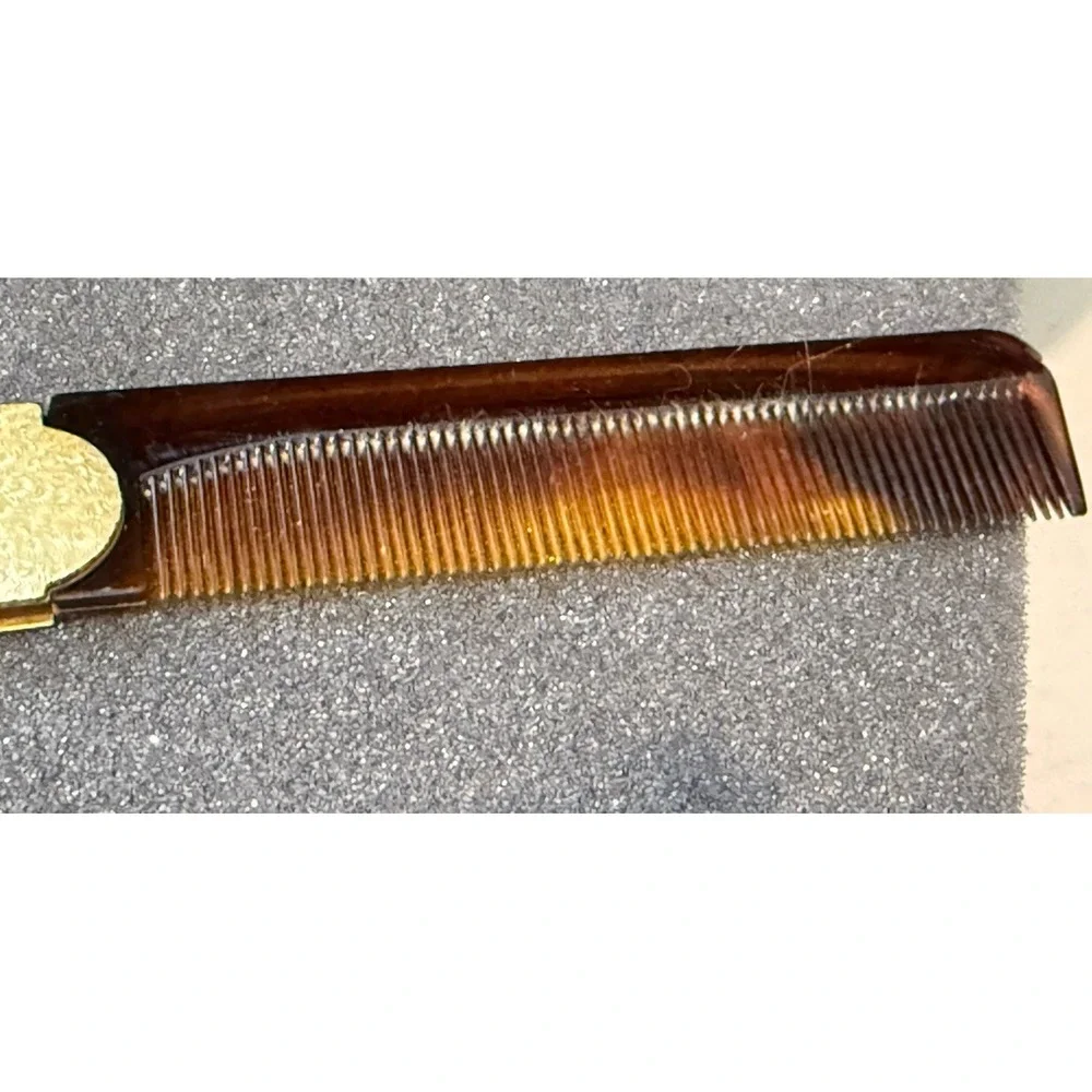 Vintage Brass Folding Purse Comb Travel Enamel Fold Textured Mid Century Modern